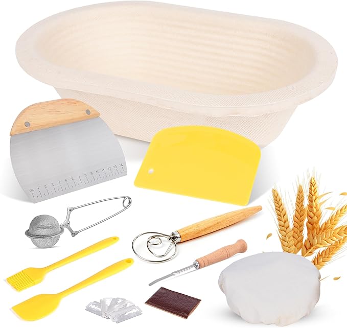 Non-Stick Oval Wood Pulp Banneton Bread Proofing Basket Set, Sourdough Banneton Basket Kit, Bread Making Tool Sourdough Starter Kit with Proofing Bowl, Cover, Dough Whisk, Lame, Scraper
