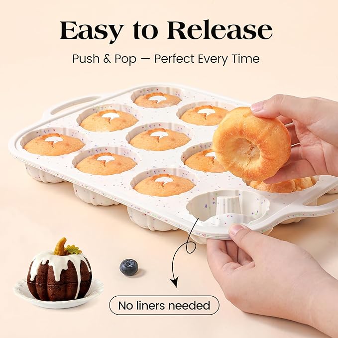 Vinino 2 Pcs Silicone Mini Fluted Tube Cake Pans with Metal Reinforced Frame, 12-Cavity Mini Flan Molds, Non-stick Cupcakes Pans for Baking, Donuts, Muffins, Cornbread, Brownies, Jellies