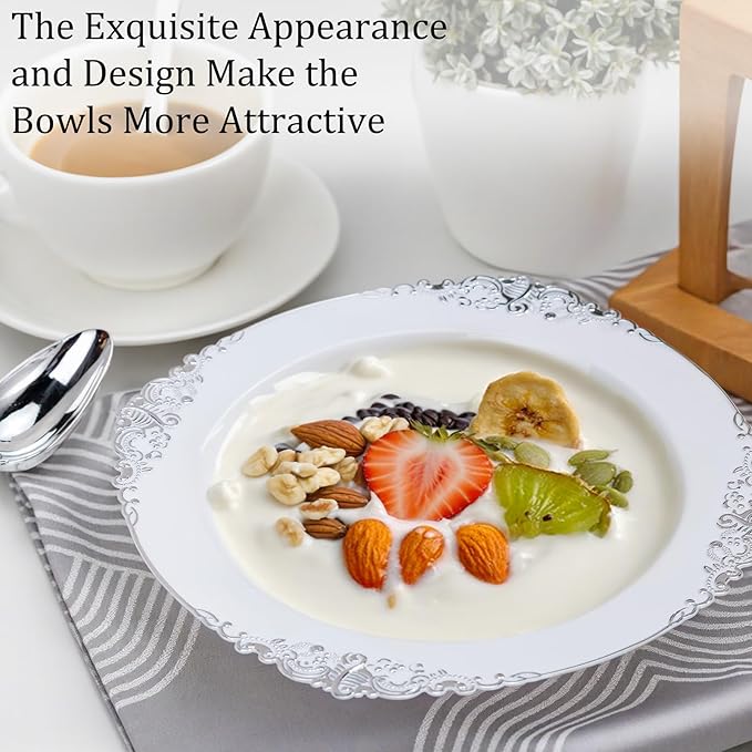 Nervure 50PCS White Plastic Bowls with Silver Rim - 12oz Disposable Soup Bowls, Heavy Duty Salad Ice Cream Bowl Perfect for Weddings, Parties and Everyday Use