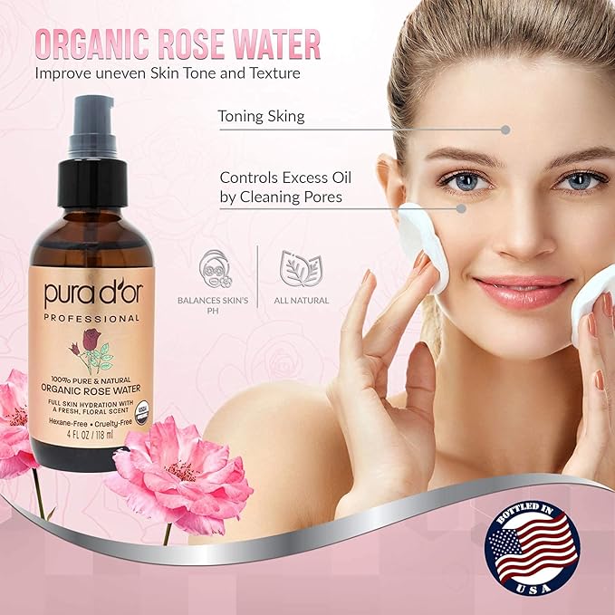 PURA D'OR Organic Rose Water Toner (4oz / 118mL) Eau Fraiche, 100% Pure Full Skin Hydration, Control Excess Oils & Acne - Cleanses & Softens - Promotes Healthy Skin Cell - for All Skin Types-BrightBean Baby