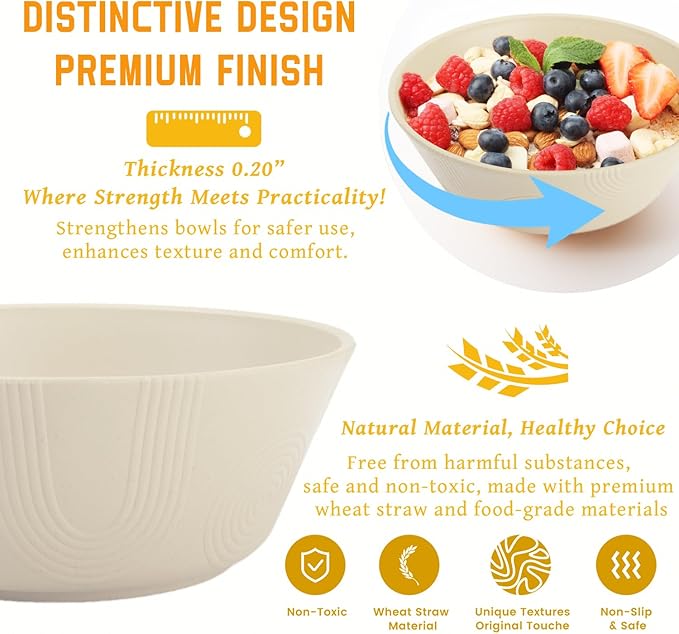 Homienly Cereal Bowl - Wheat Straw Bowls 6 PCS | Microwave & Dishwasher Safe | Patented Textured for Secure Grip| Ideal for Cereal, Soup, Salad - Versatile Dining Alternative to Plastic Bowls(Beige)