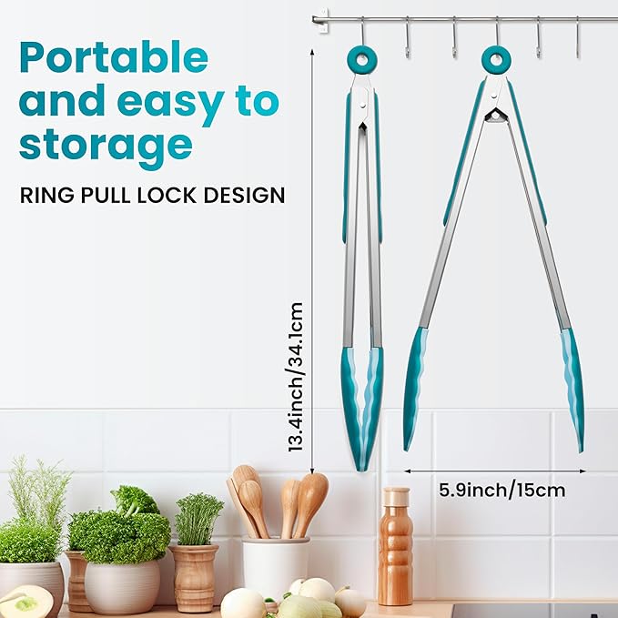 600℉ Heat Resistant Kitchen Tongs for Cooking with Silicone Tips,12-Inch Stainless Steel Locking Cooking Tongs Food Tongs for BBQ,Cooking,Salad and Serving Food,Heavy Duty,Non-Stick (Turquoise)