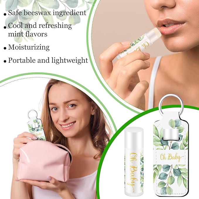 18 Sets Baby Shower Bridal Shower Favors for Guests Bulk Lip Balm and Lipstick Holder Keychains Set Baby Shower Bridal Shower Goodies Bags Thank You Gifts for Guests(Eucalyptus Baby)-BrightBean Baby