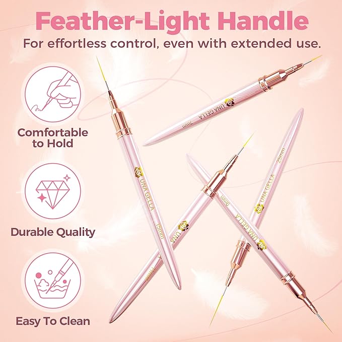 UNA GELLA Nail Art Brushes Metallic, 5 Count Liner Pens Set For Nail Art Gel Polish, Detail Nail Art Design Painting Brush Set For Nails Gel Fine Drawing Nail Tools, Sizes 7/9/11/15/25mm-BrightBean Baby