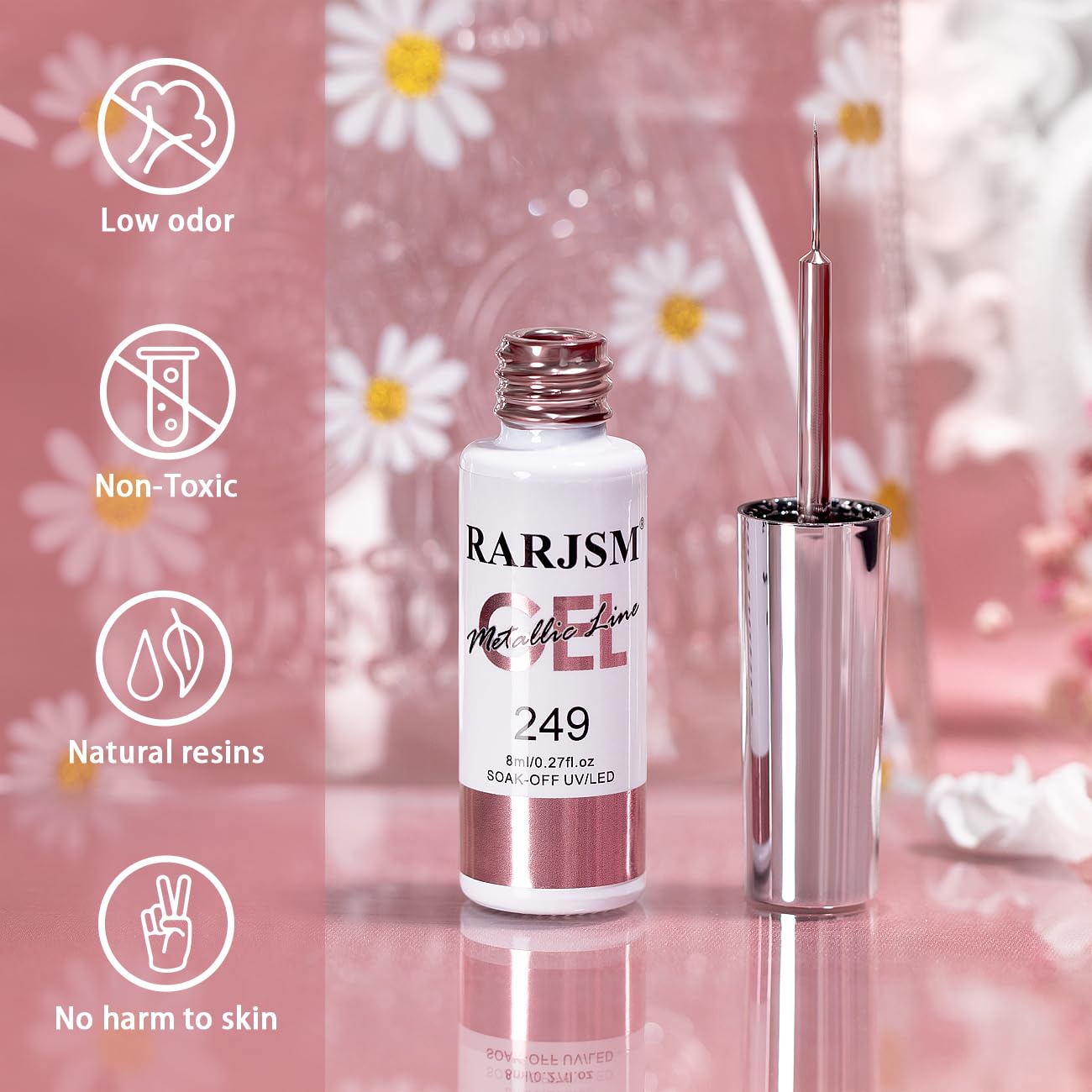 RARJSM Metallic Gel Liner Nail Art Rose Gold 3D Mirror Chrome Effect Gel Nail Polish 8ml Painting Build in Thin Brush Metal Painted Drawing Striper Gelpolish Soak off Curing Requires for Home Salon-BrightBean Baby