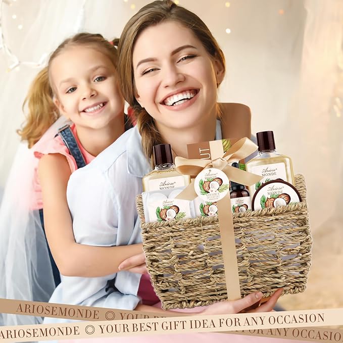 Bath & Shower Spa Basket Gift Set, Coconut Scent, with Shower Gel, Bubble Bath,Body Lotion, Bath Bomb,Bath Salt, Bath and Body Gift Box for Women-BrightBean Baby