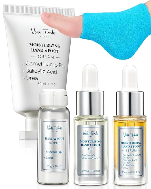 VTS Self Care Kit - Includes Moisturizing Heel Socks, Hand & Foot Oil, Salt Scrubs, Serum, Urea Cream 40 Percent - Hand Care Set, Foot Pedicure Kit for Dry Cracked Heels Feet Knees Elbows Hands-BrightBean Baby