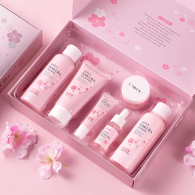 Skin Care Set JAPAN SAKURA Women Beauty Gift Sets Skin Care Kit with Cleanser, Toner, Lotion, Serum, Eye Cream, Face Cream Travel Kit for Women Teen Girls Mom Daughter TSA-friendly Sizes 6pcs-BrightBean Baby