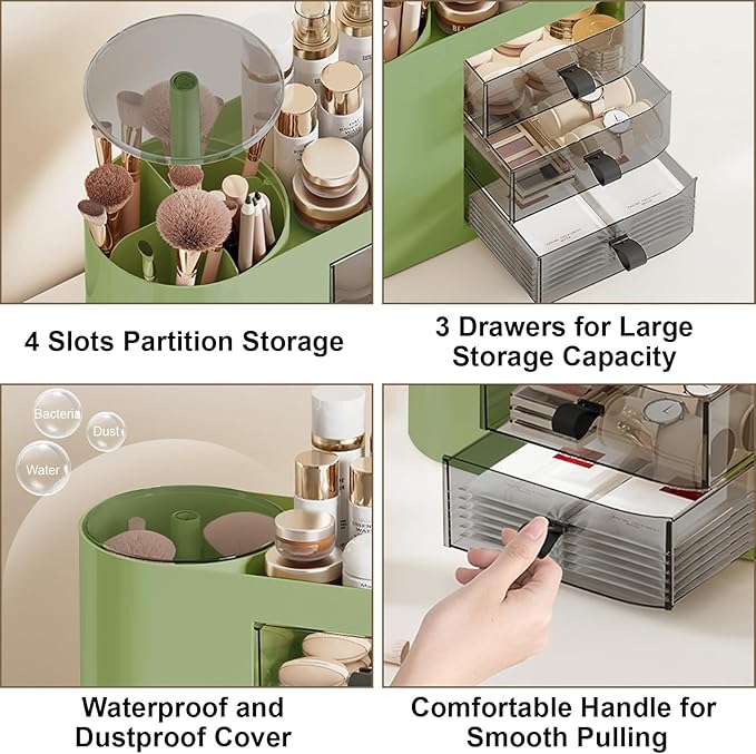 DASITON Makeup Organizer with 3 Drawers,Automatic Lifting Makeup Brush Holder with Lid,Large Capacity Makeup Organizers for Vanity,Bathroom Countertop,Ideal Storage Skin Care,Brushes,Lipstick (Green)-BrightBean Baby