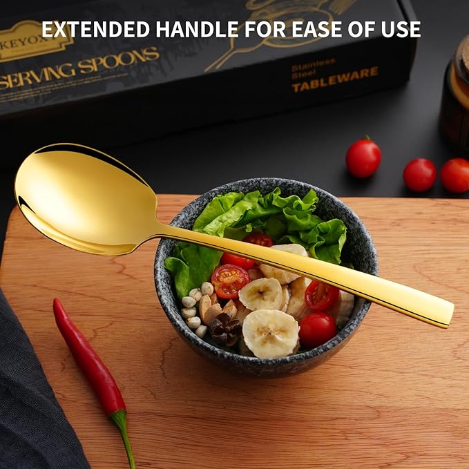 4 Piece Stainless Steel Serving Spoons Set - 4 Large Spoons, 9.2-Inch, Dishwasher Safe, for Parties/Kitchen/Buffet/Catering,Gold