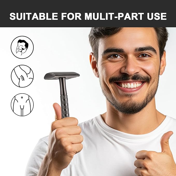Single Blade Safety Razor for Men with Silicone Cover & 10 Blades Double Edge Safety Razor for Travel Metal Eco-Friendly Reusable Razor for Shaving (Matte Black)-BrightBean Baby