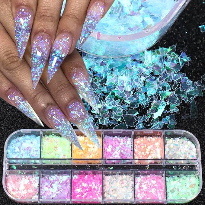 12 Colors Holographic Nail Art Glitter Sequins Iridescent Ice Slag Nail Glitter Laser Nail Art Flakes Colored Fluorescent Glass Paper Nail Sticker Decoration for Face Hand Body Make-Up DIY-BrightBean Baby