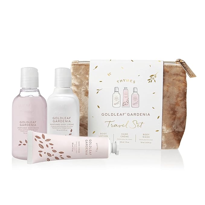 Thymes Perfumed Travel Set and Beauty Bag - Contains Body Wash, Body Lotion & Hand Cream - Goldleaf Gardenia-BrightBean Baby