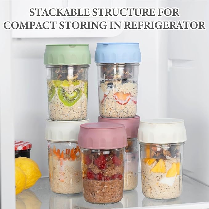 SOLIGT 2 Pack Overnight Oats Containers with Lids, Folding Spoons and Divided Compartments for Fruit & Nuts, Small Glass 16oz Mason Jars for Oatmeal Yogurt Parfait (2 Set-Oat White/Oat White)