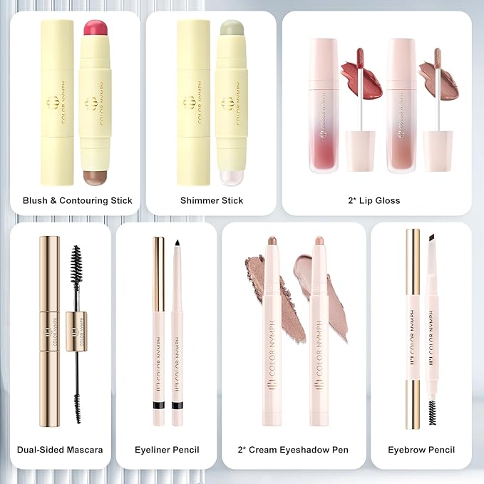 Color Nymph Makeup Kit for Girls Beginner Makeup Gift Set with Portable Bag Include 2 Color Lip Gloss, Eyeshadow Pen, Blush & Contouring, Highlight, Mascara, Eyebrow Pencil-BrightBean Baby