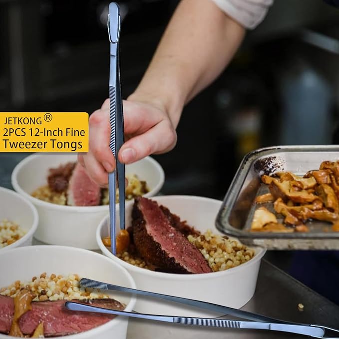 JETKONG 2 Pcs 12-Inch Cooking Tweezer Tongs Stainless Steel Kitchen Tweezers Plating Tongs (Navy Blue)