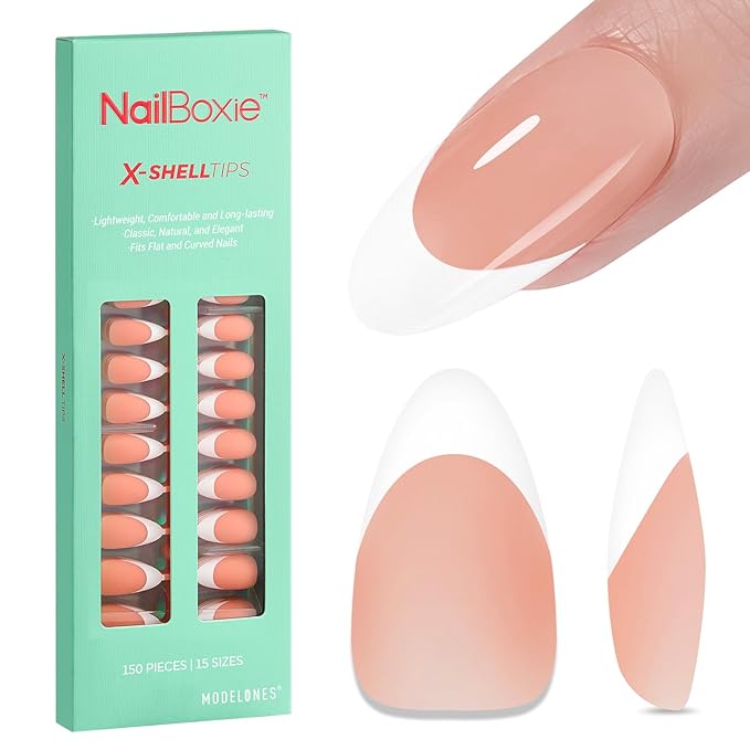 modelones French Tip Press on Nails, 150Pcs M-Almond Fake Nails with Nail Box, Deep Nude Gel Nail Tips for Women, Soft Glue-On Nails for Natural Salon Look, DIY Nail Art Kit (15 Sizes)-BrightBean Baby