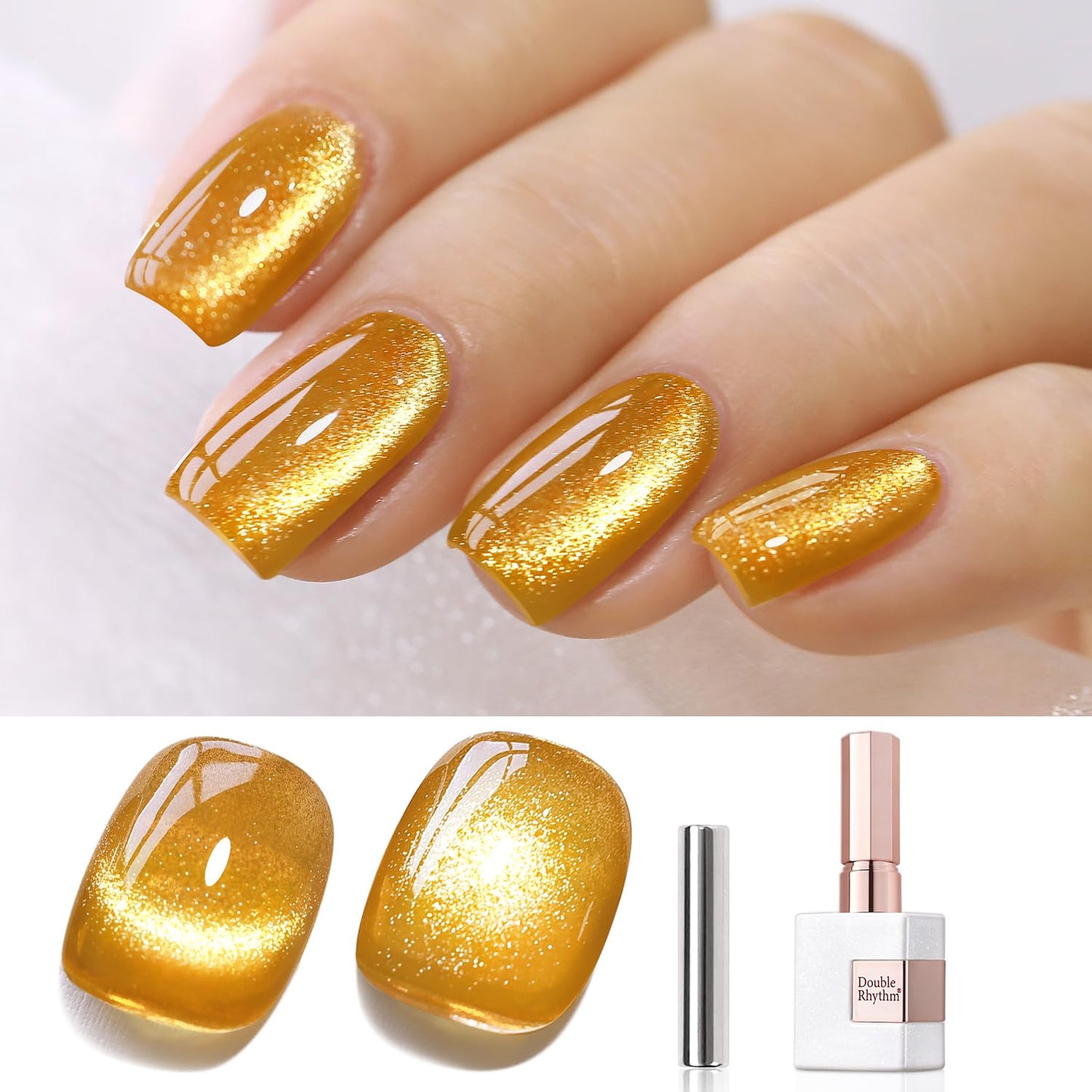 Double Rhythm Jelly Glass Cat Eye Gel Polish with Magnet 15ML Holographic Glitter Shimmer Translucent Sheer Color Magnetic Nail Polish Salon DIY at Home (Gold Cat-MC1025)-BrightBean Baby