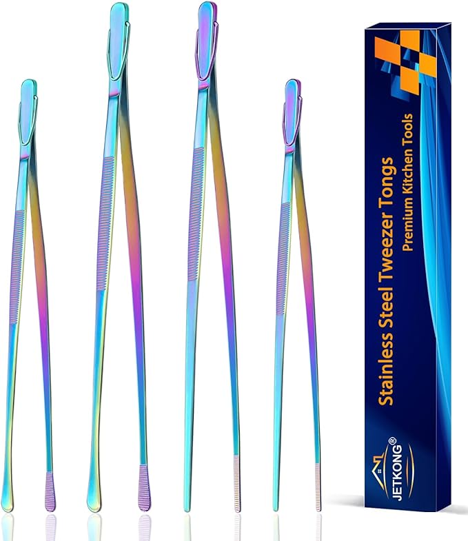 JETKONG 4 Pcs Kitchen Tweezers, 12'' and 10'' Stainless Steel Cooking Tweezers Set, High-Precision Tweezers Tongs for Cooking, Repairing, Seafood and BBQ (Rainbow)