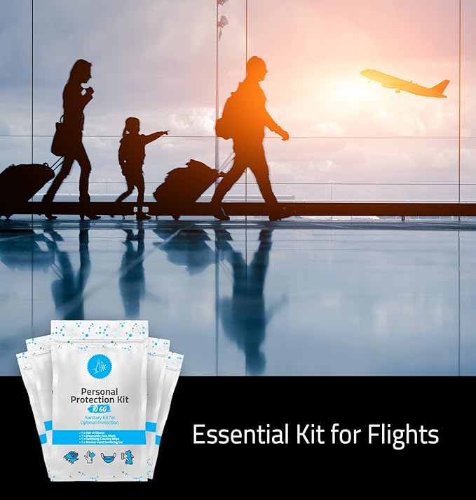 Personal Protection Kit TO GO, Mini 4 Item PPE Kit for travel and school | Includes 1 Each of Face Covering, Gloves, Cleansing Wipes & Hand Cleansing Gel | 10 - Pack (Light Blue)-BrightBean Baby