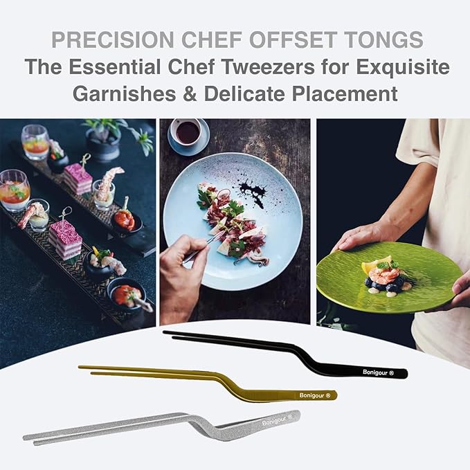 8 Inch Precision Offset Tweezers, Kitchen Culinary Stainless Steel Tongs, Curved Kitchen Cooking Multi-function Chef Precision Tweezer Tongs for Plating, Food Decorating and ect (Gold)