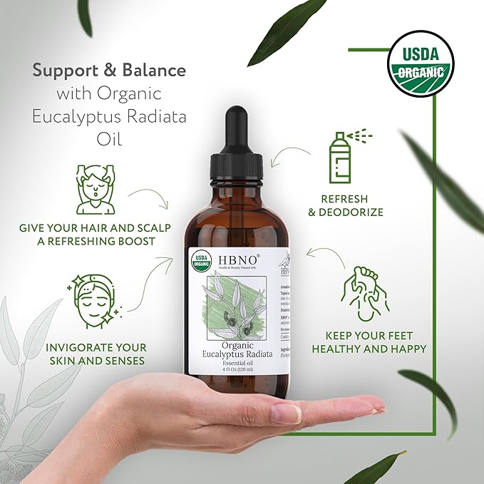 HBNO Organic Eucalyptus Radiata Essential Oil - 4 oz (120ml) - USDA Certified Organic Eucalyptus Radiata Essential Oil, Soap Making, DIY, Fragrances, Diffuser-BrightBean Baby