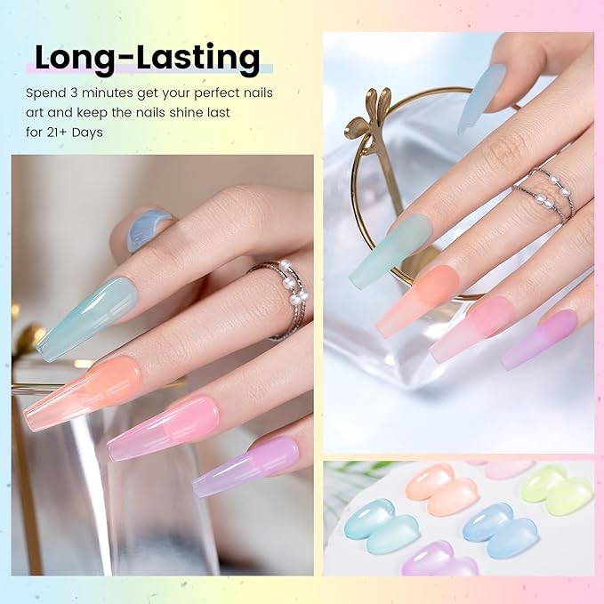 RARJSM Pastel Stained Glass Gel Nail Polish Set 6pcs Clear Orange Yellow Blue Pink Purple Crytal Transparent Jelly Series Sheer Amber Gel Varnish LED UV Curing Requires Spring Easter French Manicure-BrightBean Baby
