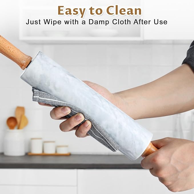 Marble Rolling Pin - 18.9" Marble Rolling Pins for Baking, Pastry, Pizza Dough & More - Polished Non-Stick Surface, Long Dough Roller with Wooden Handles & Base