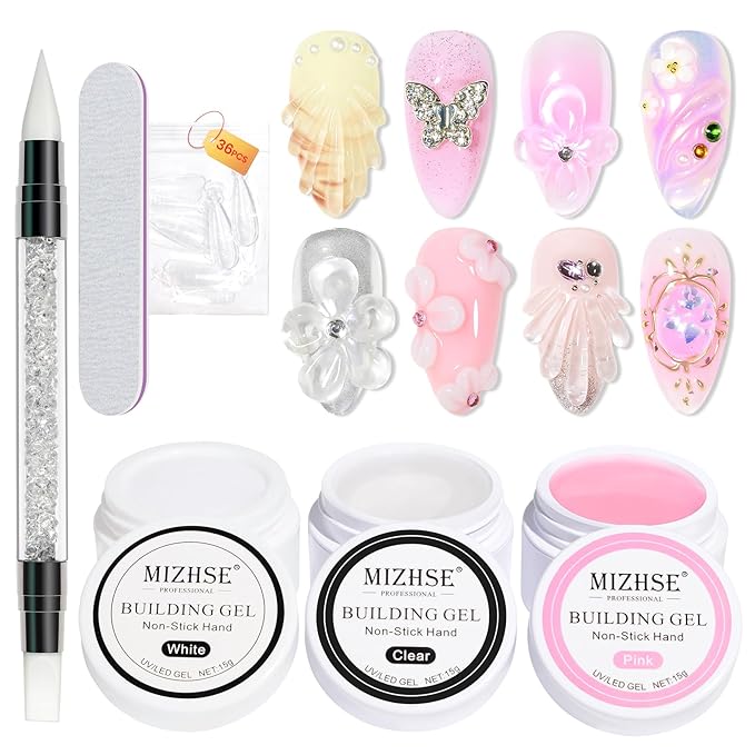 MIZHSE Solid Builder Gel for nails, 3 Colors Sculpting Gel for Nails, Clear White Pink Non-Sticky Hand 3D Nail Art Building Carving Modeling Hard Nail Extension Manicure Salon Home DIY Gift-BrightBean Baby