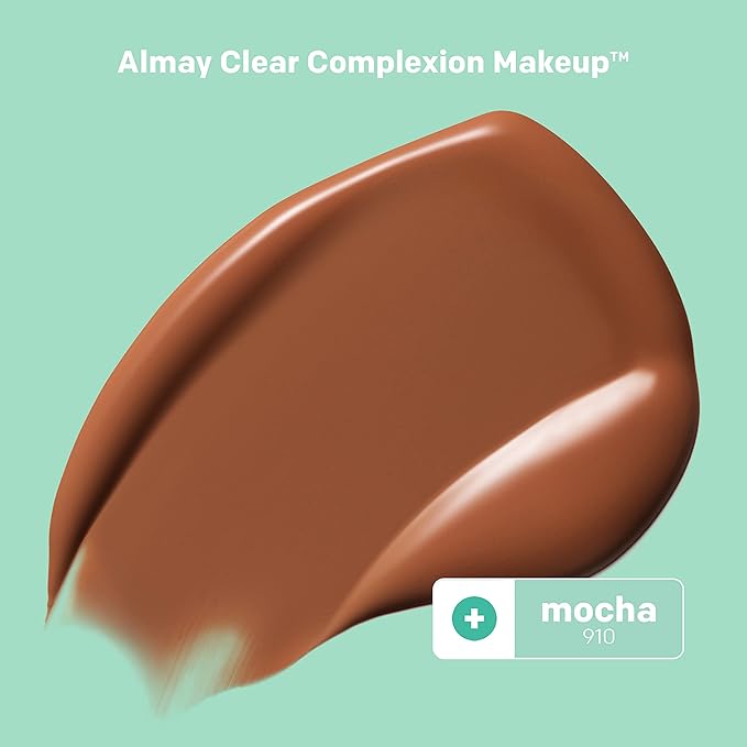 Almay Clear Complexion Acne Foundation Makeup with Salicylic Acid - Lightweight, Medium Coverage, Hypoallergenic, Fragrance-Free, for Sensitive Skin, 910 Mocha, 1 fl oz.-BrightBean Baby