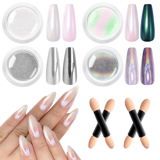 4pcs Chrome Nail Powder: Upgrade Silver Mermaid Effect White Chrome Nail Powder,Iridescent Aurora Holographic Nail powder Kit for DIY Nail Art Decorations(Laser,Green)-BrightBean Baby
