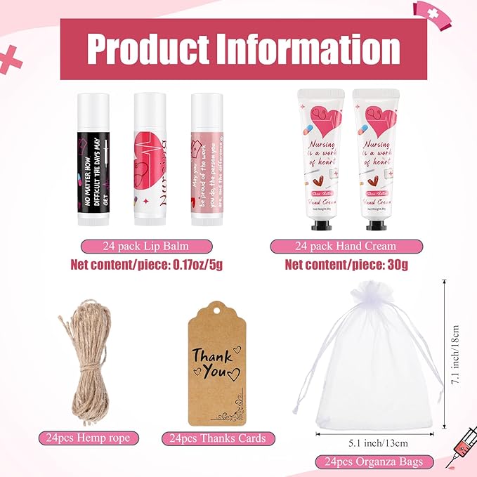 Nurse Appreciation Gifts Set Thank You Gifts Lip Balm Hand Cream for Dry Cracked Hands with Organza Bags Thank You Tags Jute for Party Holiday Nurse' Day(24 Sets)-BrightBean Baby