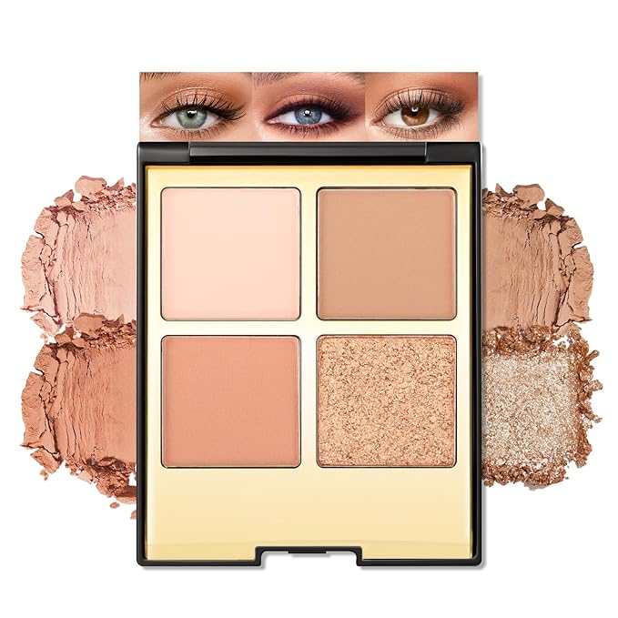 Erinde 4 Colors Eyeshadow Palette Eye Shadow Makeup, Matte Shimmer Metallic Off-white Light brown Peach Bronze Nude Neutral Eyeshadow, Long Wearing, Pigmented Blendable, Quad Eye Shadow Palette, 06-BrightBean Baby