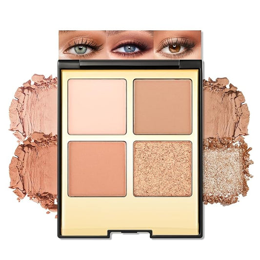 Erinde 4 Colors Eyeshadow Palette Eye Shadow Makeup, Matte Shimmer Metallic Off-white Light brown Peach Bronze Nude Neutral Eyeshadow, Long Wearing, Pigmented Blendable, Quad Eye Shadow Palette, 06-BrightBean Baby