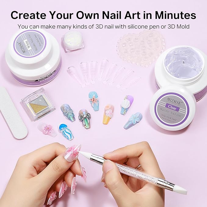 MIZHSE 2PCS 60g Clear and White Solid Builder Gel for Nails, 3D Sculpting Gel for Nail Art with Gold Silver Chrome Powder Nail Form Molding Builder Gels Kit for Women Home DIY Manicure-BrightBean Baby