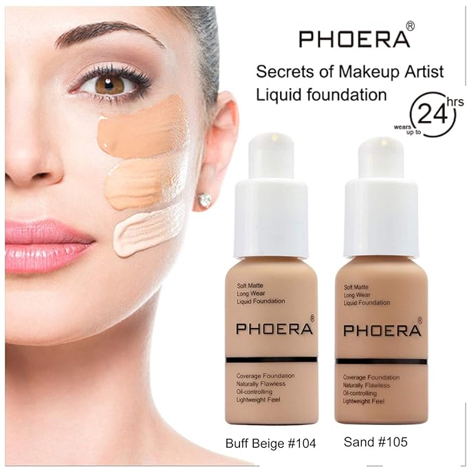 2 Pcs Liquid Foundation Full Coverage 24HR 30ml Matte Oil Control Foundation Makeup Concealer (Buff Beige & Sand) with Kabuki Foundation Brush Flat Top-BrightBean Baby