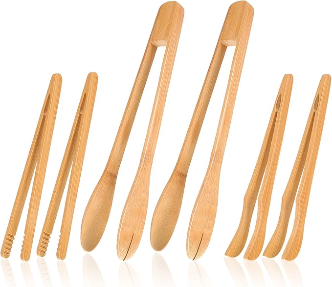 Zopeal 6 Pcs Christmas Kitchen Gift Set Bamboo Utensils for Cooking Wooden Toaster Tongs Long Cooking Salad Tongs for Picking up Cheese Bacon Toast Cake Fruits Bread Spaghetti for Kitchen Women Men