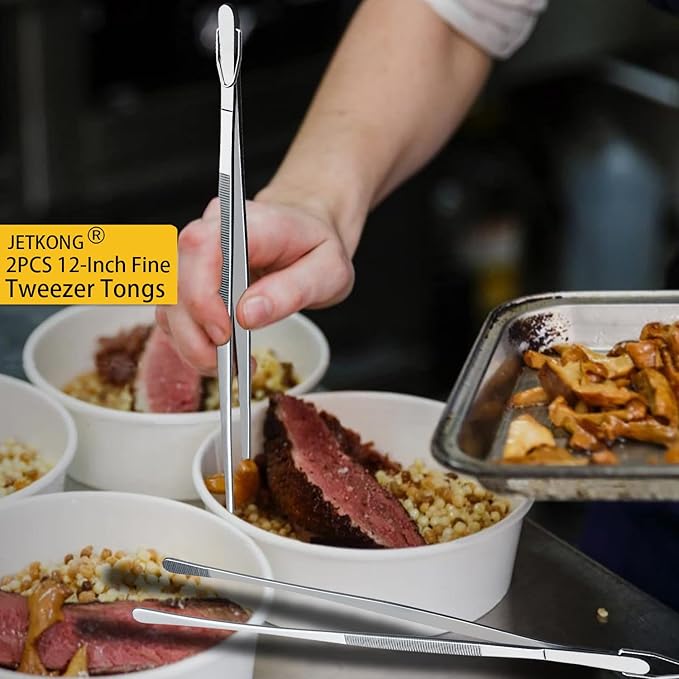 JETKONG 2 Pcs 12-Inch Kitchen Tweezers Fine Tweezer Tongs, Extra-Long Stainless Steel Cooking Tweezers (Silver)