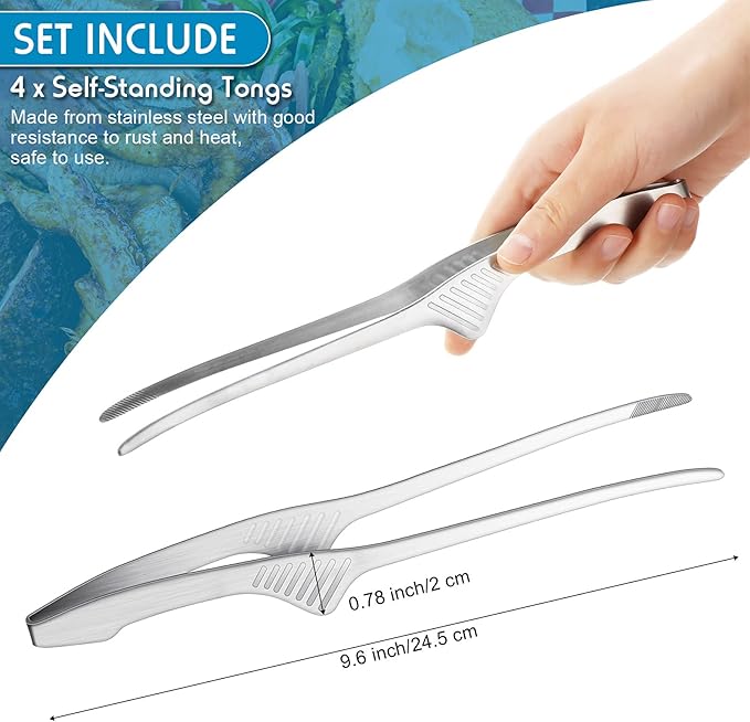 Patelai Korean and Japanese BBQ Tongs Non Slip Cooking Utensils Stainless Steel Tongs for Serving Food, Salad, Camping, Barbecue, Buffet, Oven with Support Stand(Silver,4 Pieces)