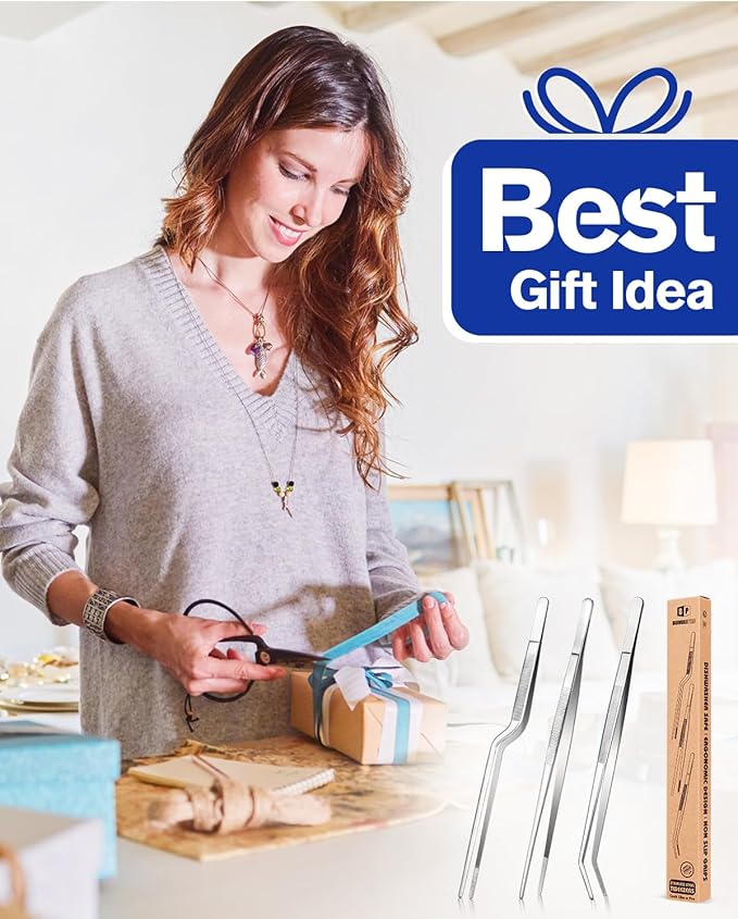 Fine Cooking Tweezers Set, Professional Stainless Steel Food Tongs, Kitchen Black Long Chef Tweezer for Cooking, Plating, Decorating and BBQ (SILVER, 10 inch)