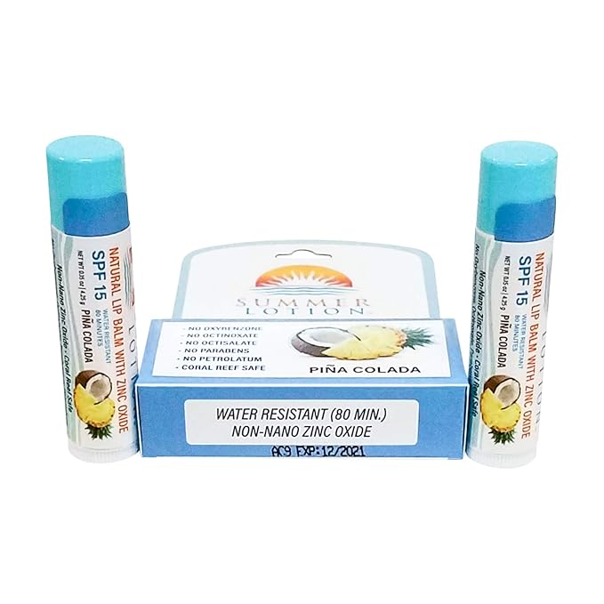 Natural Lip Balm with Zinc Oxide Sunblock by Summer Lotion, SPF 15 Lip Sunscreen 2-Pack, Water Resistant Chapstick, SPF Lip Protection for Everyone, (Pina Colada)-BrightBean Baby