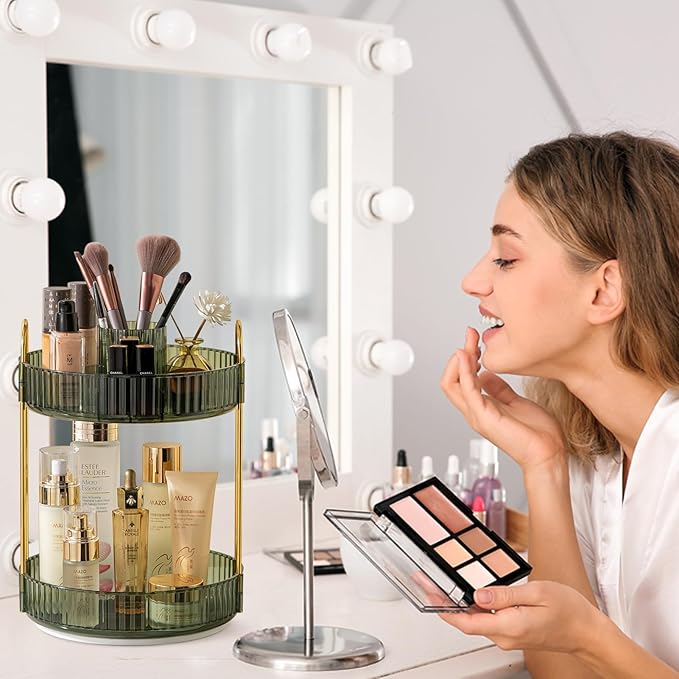 Rotating Makeup Organizer for Vanity, High-Capacity Skincare Clear Make Up Storage Perfume Organizers Cosmetic Dresser Organizer Countertop 360 Spinning (Green, New-2 Tier)-BrightBean Baby