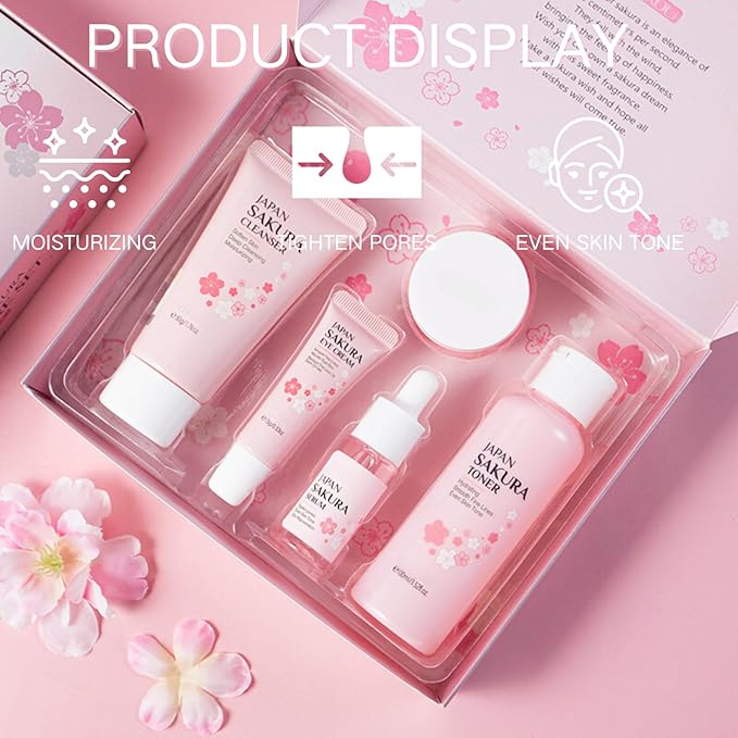 Sakura Skin Care Set, Women Gift Sets, Skin Care Kit with Cleanser, Toner, Serum, Eye Cream, Face Cream, Skin Care Routine Kit for Women, Even Skin Tone, Tighten & Firm Skin-BrightBean Baby