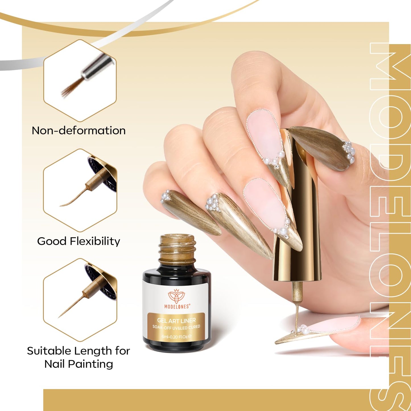 modelones Metallic Gold Silver Gel Liner Nail Polish 2 Pcs Chrome Mirror 3D Effect Nail Art Polish Bronze Thin Brush For Swirl Soak Off French Tip DIY Salon Nail Glue Manicure Gift For Women Girls-BrightBean Baby