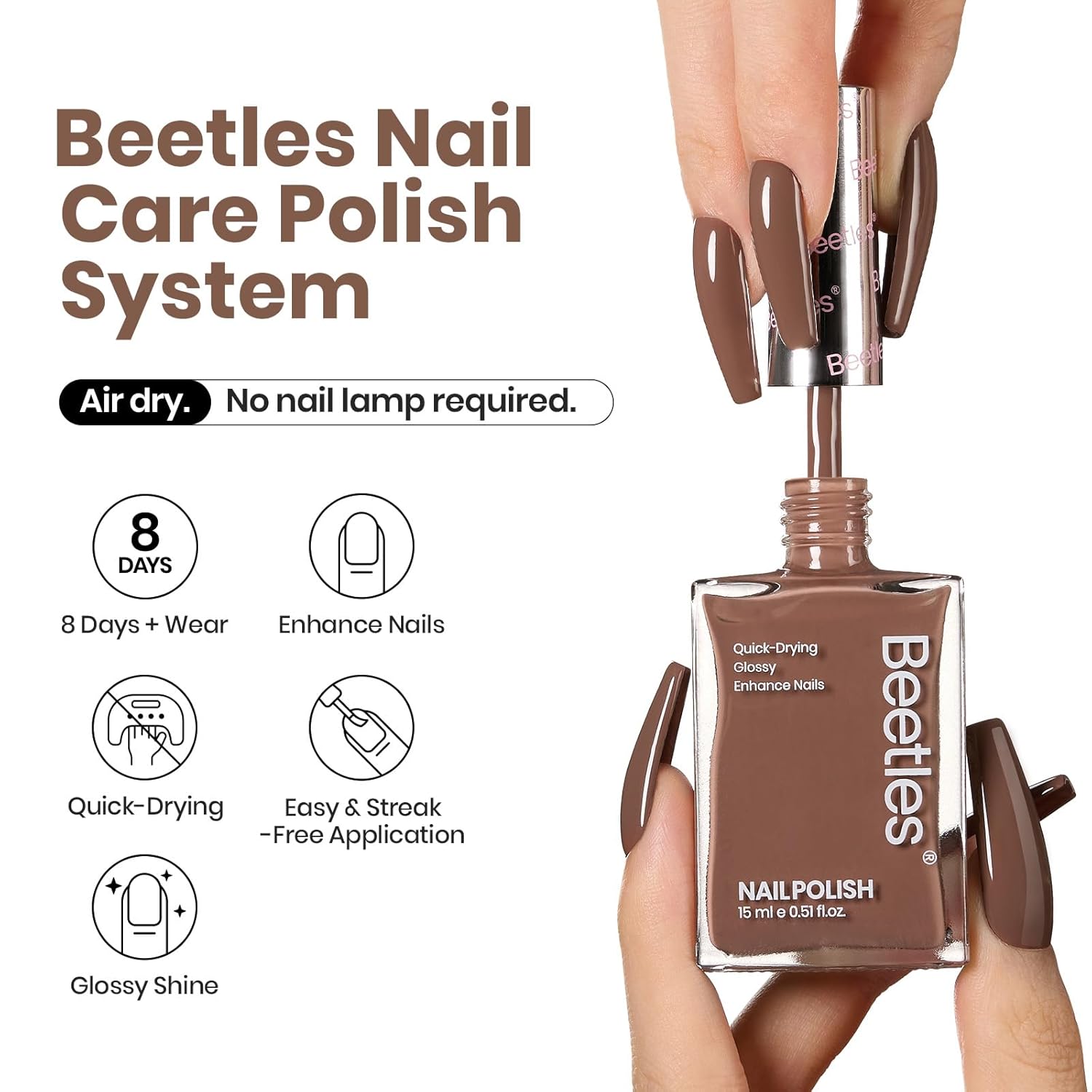 Beetles Mocha Mousse Nail Polish –No UV Needed, Air Dry –Warm Taupe Glossy Lacquer,Fast Drying, Long Lasting, Elegant Neutral Color At-Home DIY & Salon-BrightBean Baby