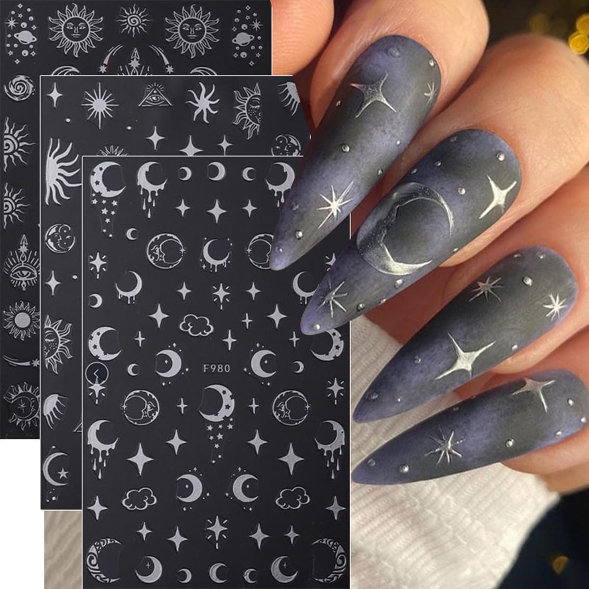8 Sheets Metallic Nail Art Stickers Decals Silver Moon Star Sun Nail Stickers Eye Snake Nail Decals 3D Self-Adhesive Luxury Nail Art Design Stickers for Women Girls DIY Manicure Decoration Accessories-BrightBean Baby