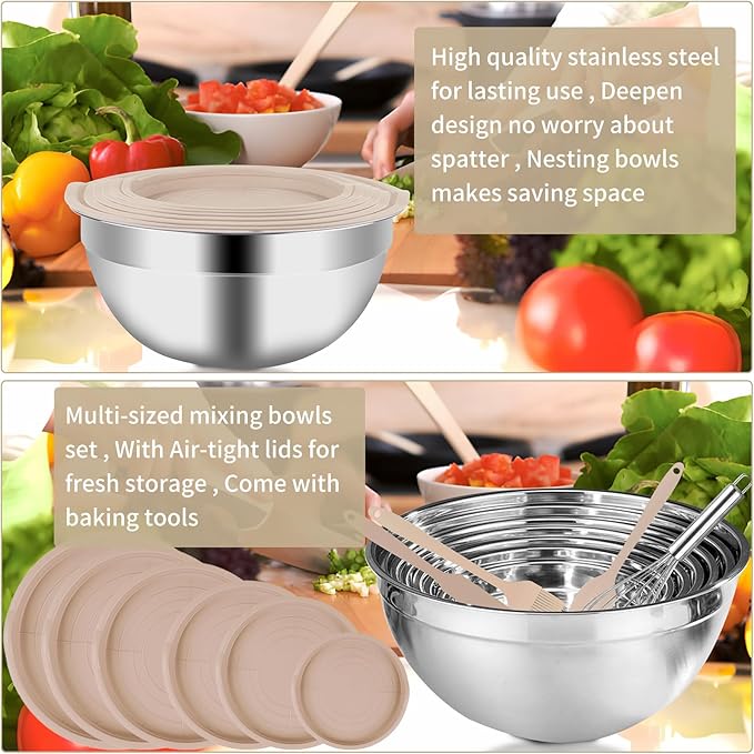 Mixing Bowls Set, 27PCS Khaki Mixing Bowls With Lids Set Stainless Steel Kitchen Large Nesting Metal Bowl 7QT to 1.5QT, Measuring Cups and Spoons for Prepping Cooking Serving