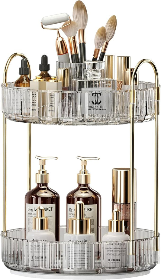 360° Rotating Makeup Organizer, Large-Capacity Skincare Make Up Storage 2 Tier Perfume Organizers Cosmetic Dresser Organizer with Makeup Brush Holder, Fits Bedroom, Bathroom, Vanity Shelf Countertop-BrightBean Baby