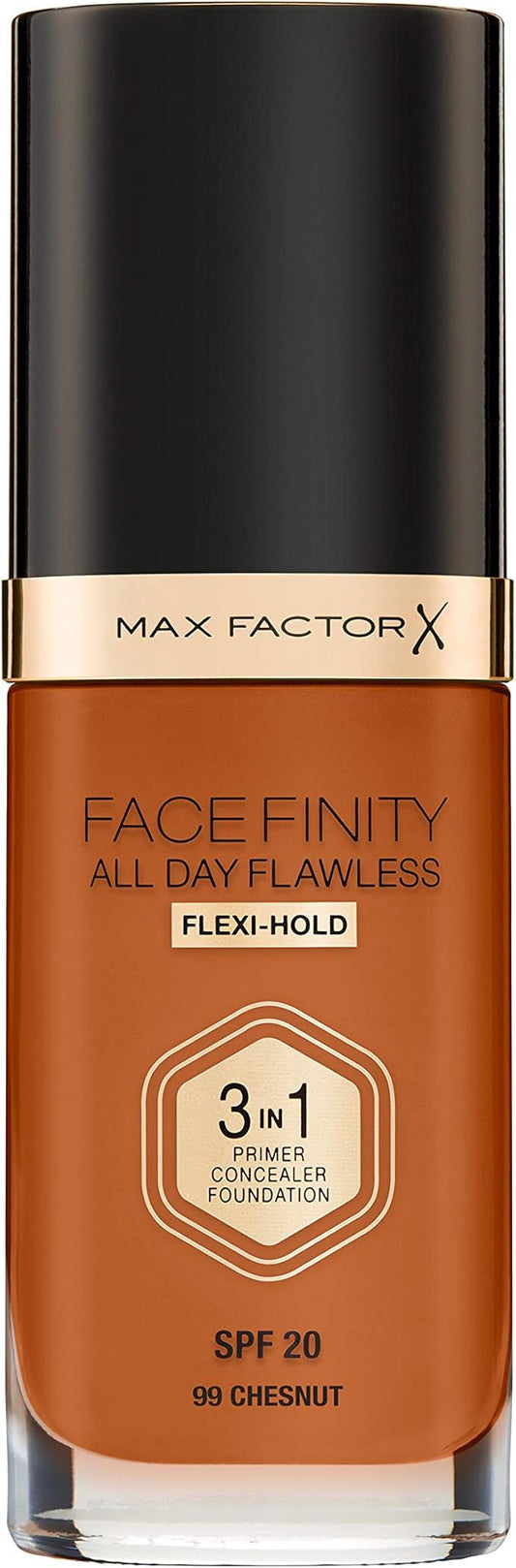 Max Factor Facefinity 3-in-1 All Day Flawless Liquid Foundation, SPF 20-99 Chestnut, 30 ml-BrightBean Baby