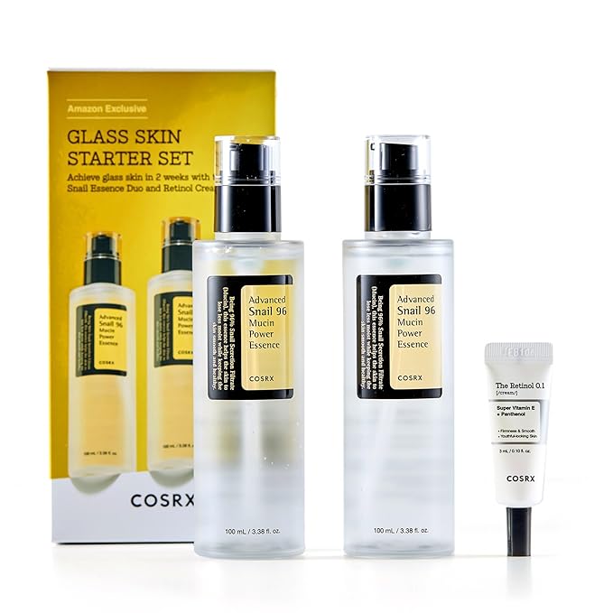 COSRX Glass Skin Korean Skincare Set- Advanced 96% Snail Mucin Serum (3.38fl oz * 2pcs) & Mini Sized 0.1% Retinol Cream for Face (0.1oz)- Korean Skin Care Gift Set, Anti Aging Set-BrightBean Baby